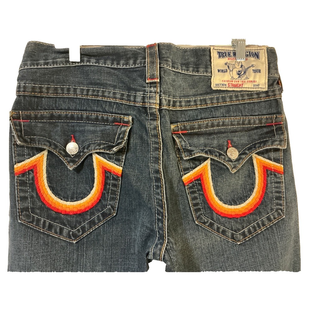 True Religion Jeans Vintage Dark Wash Straight Rainbow Stitch Pockets USA 32x32